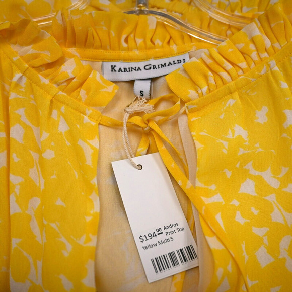 Karina Grimaldi Blouse Top Small Yellow Long Sleeve Ruffle Detail Smocked Waist - Picture 7 of 7